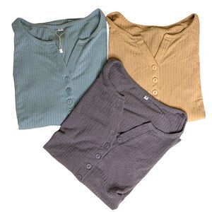 Tobrief Ribbed Henley Knit Top Shirt T Shirt Bundle Blue Gray Tan S